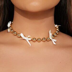 Gold Bead & White Ribbon Bow Necklace Earrings Set 🎀✨ Coquette Balletcore
